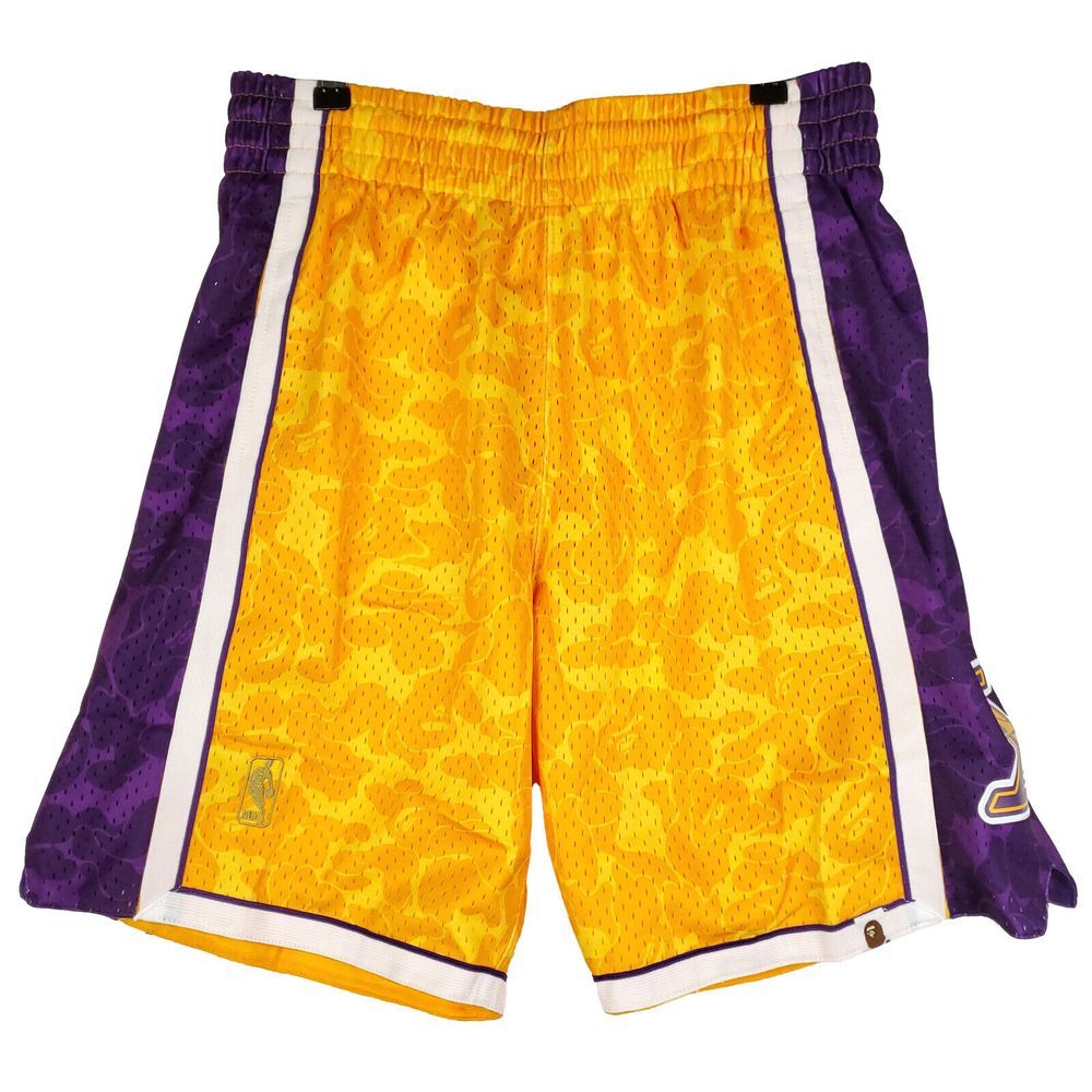 BAPE LA‎ Lakers Mitchell & Ness NBA L Large Jersey Shorts Yellow Purple NWT